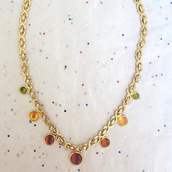 GLOWING GLASS CABOCHON GOLD TONE NECKLACE MULTICOLOR NEW - Picture 2 of 7